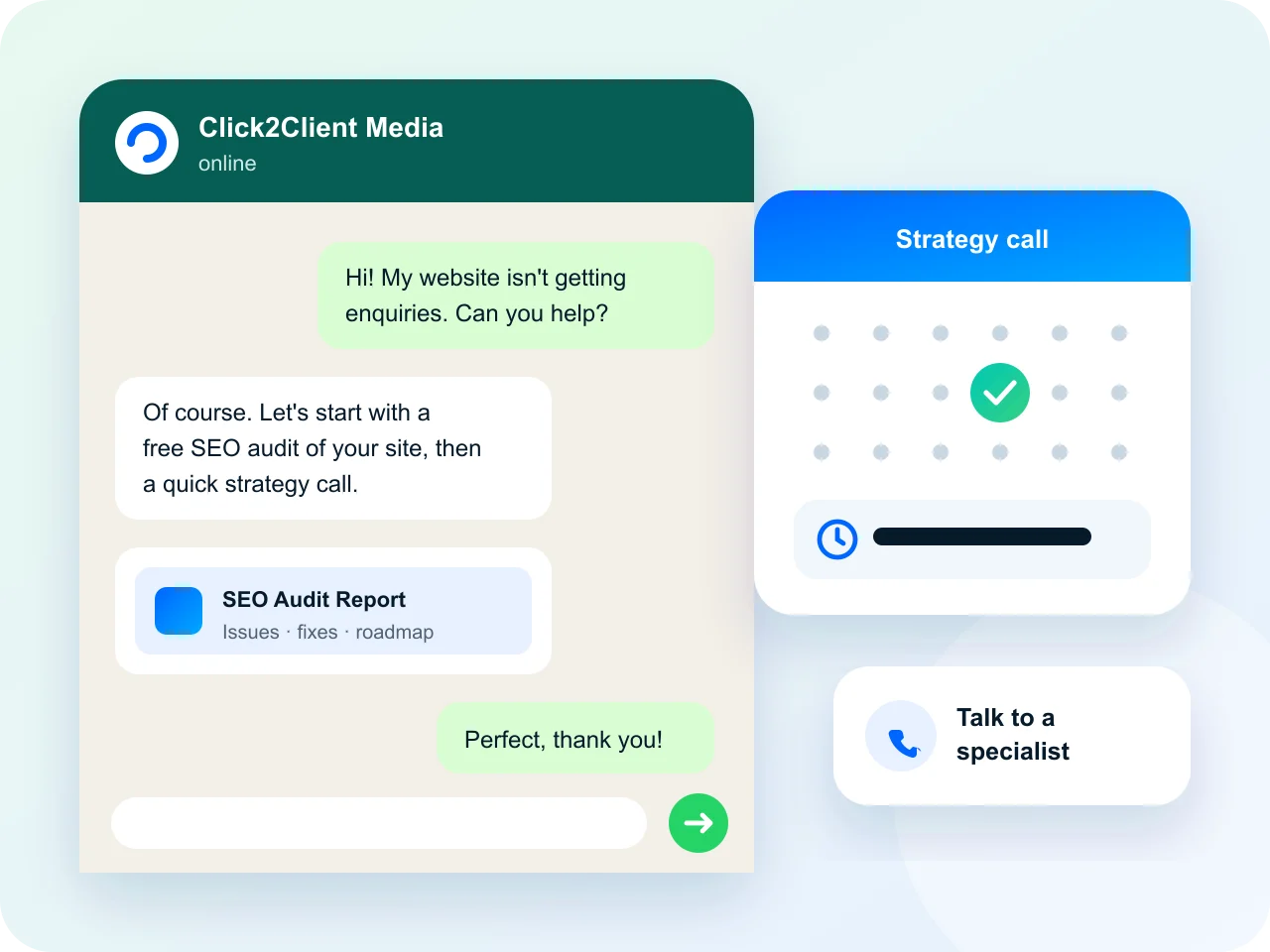 Illustration of a WhatsApp conversation with Click2Client Media and a scheduled strategy call